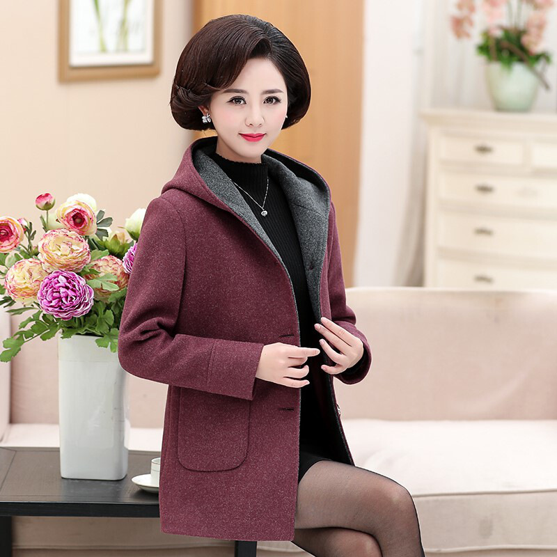 迪鲁奥（DILUAO)中老年人妈妈毛呢外套秋冬新款40岁50中年女装中长款大码呢子上衣_151 XL适合105斤以下 豆沙紫加棉