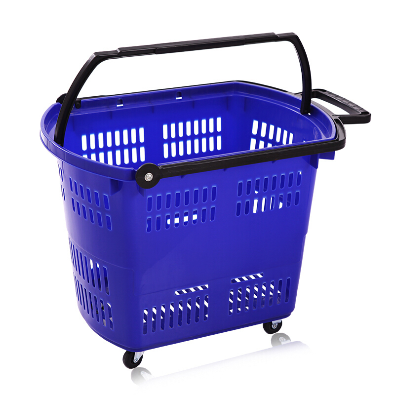 超市四轮拉杆式购物篮子手拉篮手提篮塑料篮买菜篮便利拖篮蓝色加厚超