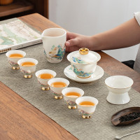 金镶玉 功夫茶具整套装羊脂玉白瓷盖碗茶杯陶瓷泡茶礼品盒高档 青山绿水