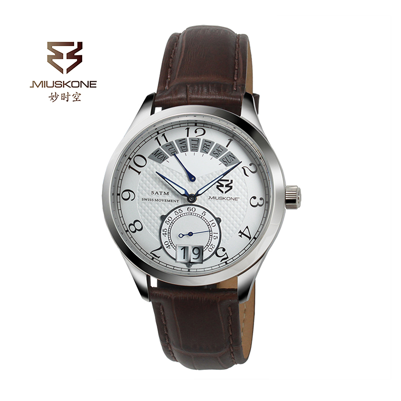 妙时空(MIUSKONE) 石英表大日历星期窗绅士典雅瑞士机芯皮带腕表 – 商务精英系列MS.28 白色