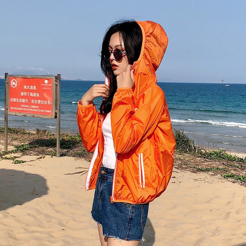 新款度假防晒衣女2018夏季薄款皮肤衣宽松连帽防晒服空衫短外套