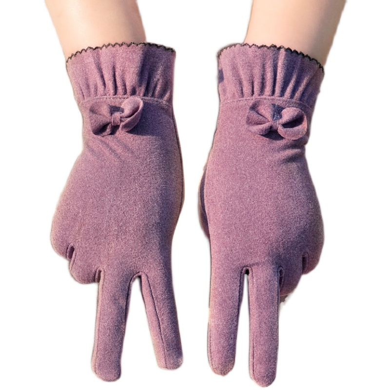 粉色)均码韩版休闲百搭保暖防寒蝴蝶结秋冬季手套女士薄款触屏骑车
