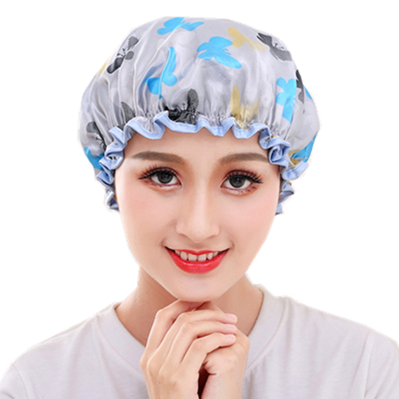 浴帽防水成人护耳女款可爱双层加厚花边防油烟帽子女士淋浴洗头帽 三维工匠 成人金色圆点高清大图
