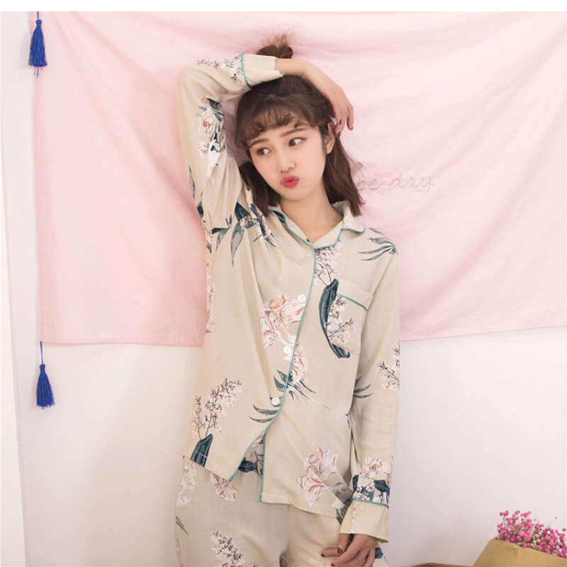 韩版睡衣女长袖春秋季甜美可爱女士宽松家居服薄款棉绸套装