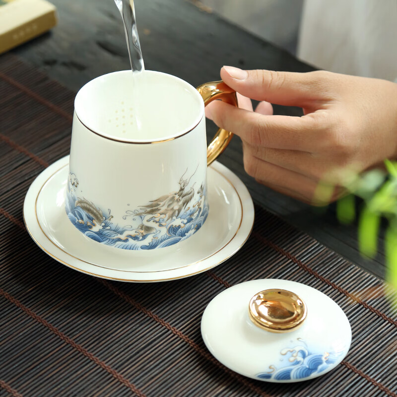 金镶玉 蛟龙出海描金盖杯 茶杯茶具泡茶会议室办公杯 羊脂玉陶瓷杯 345ml高清大图