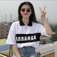 夏装女装韩版拼接字母印花T恤宽松短袖polo衫打底衫上衣体恤学生黑色均码