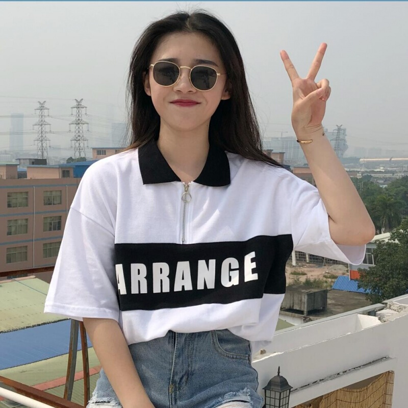 夏装女装韩版拼接字母印花T恤宽松短袖polo衫打底衫上衣体恤学生黑色均码
