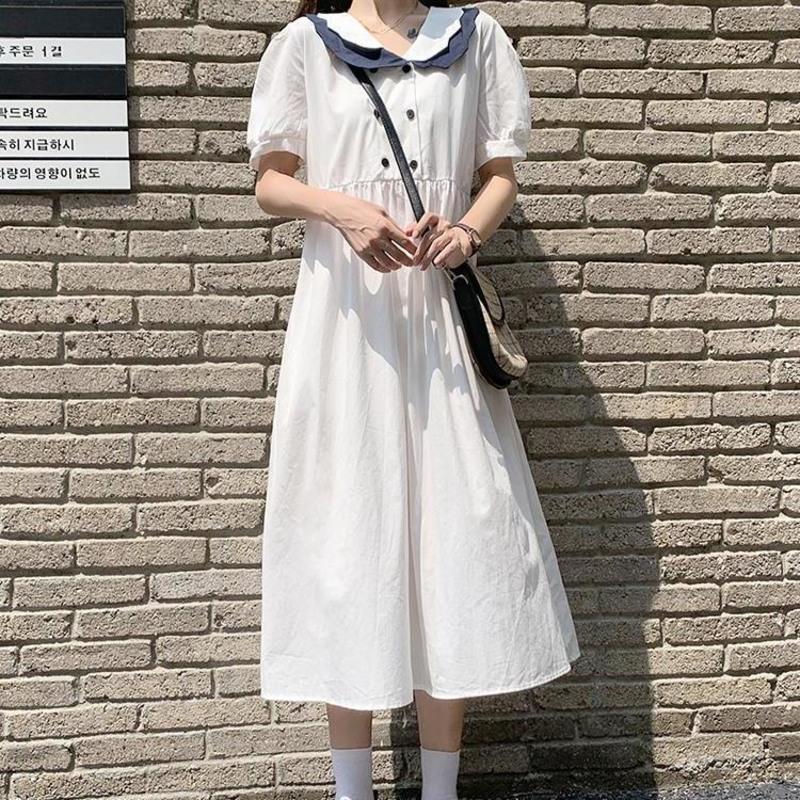 学院风娃娃领短袖连衣裙女学生韩版宽松中长款日系过膝A字裙子潮 白色 S [关注店铺送小礼物]