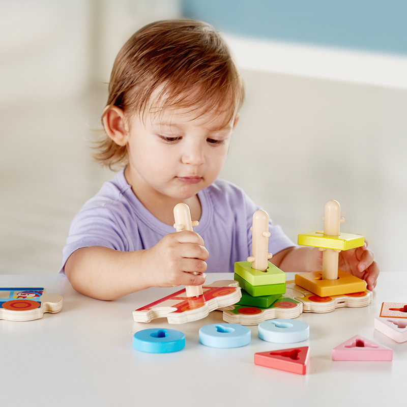 Hape&金宝贝 艺智火车拼图18M-3岁儿童宝宝木制拼图玩具幼儿积木拼插颜色形状认知早教益智