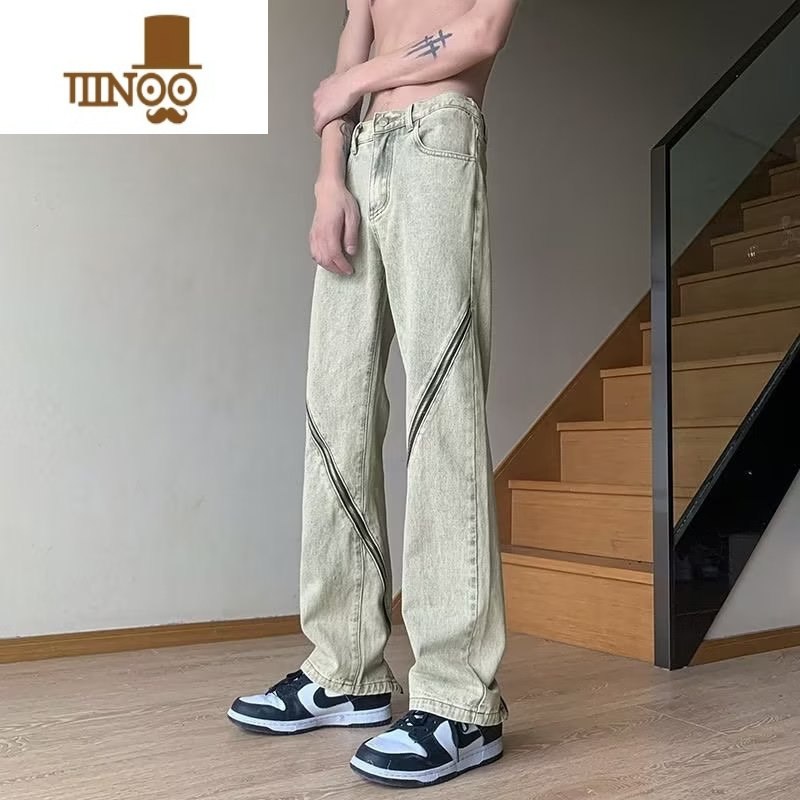 YANXU拉链牛仔裤男款夏季薄款oversize阔腿裤痞帅美式高街宽松复古裤子