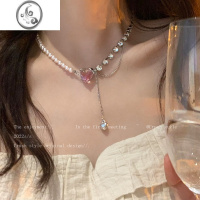 JiMi珍珠爱心拼接项链女夏季甜酷风颈链配饰轻奢小众设计感高级锁骨链 粉爱心拼接