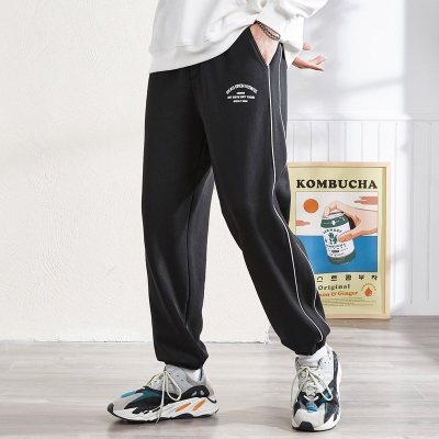 [2.5折价90元]唐狮春季新款运动裤男生宽松卫裤束脚拼接休闲黑色长裤子潮流