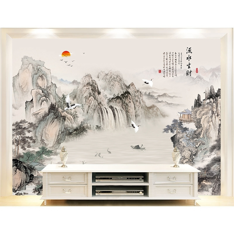 3d新中式客厅古达电视背景墙山水画墙纸壁布卧室8d影视墙水墨墙布壁画