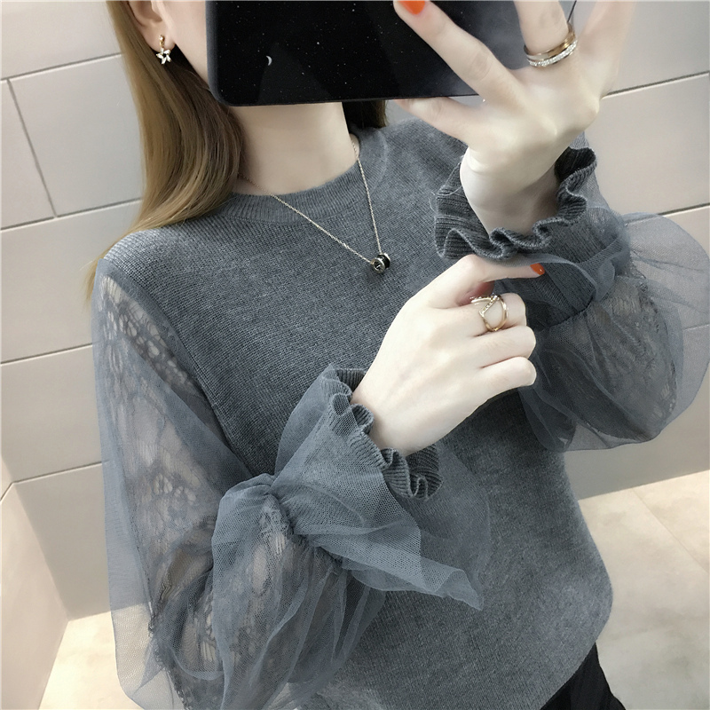 小样传奇 2024春秋新款女装宽松韩版网纱蕾丝拼接针织衫短款长袖百搭毛衣女外穿上衣
