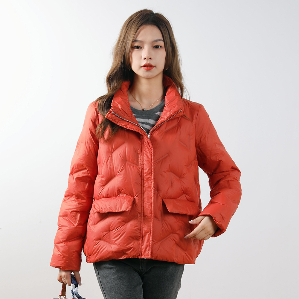 新款简约女式90绒女装立领压胶纯色羽绒服短款大码外套_6731高清大图
