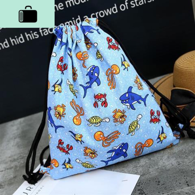 时尚潮流滑板街舞拉绳双肩包抽绳束口袋背包印花男女学生帆布抽带NEW LAKE 海洋生物蓝