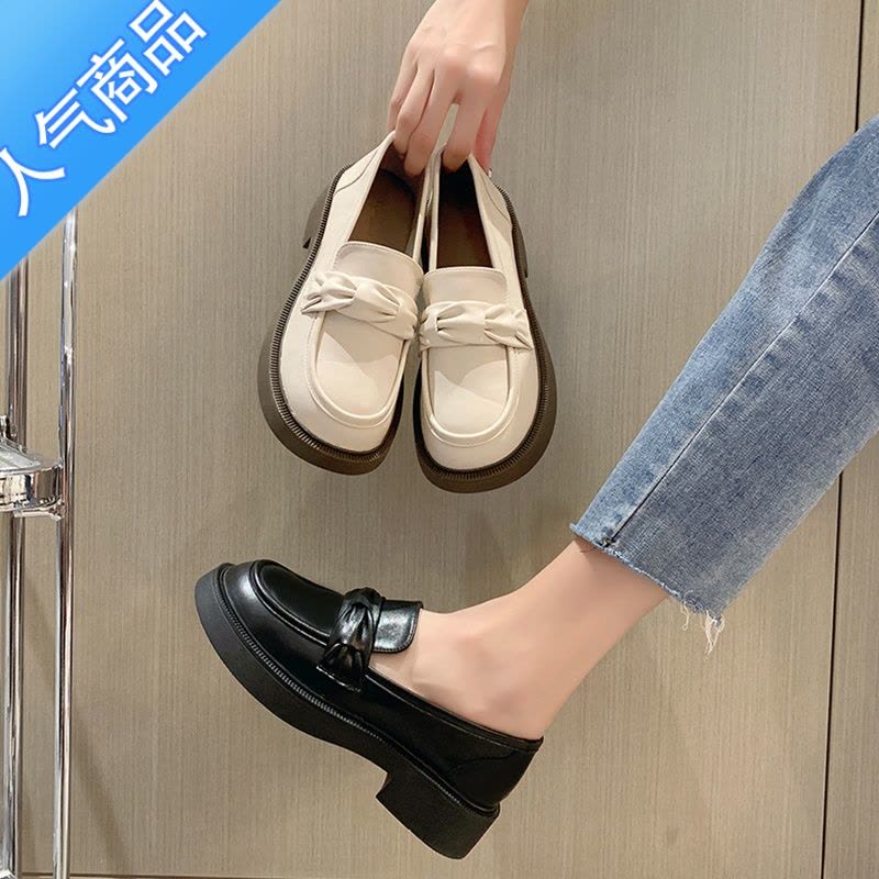 SUNTEK乐福鞋女2023夏季新款厚底粗跟英伦单鞋春秋学院风一脚蹬jk小皮鞋图片