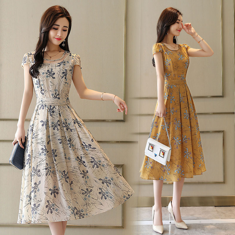 夏款印花连衣裙女女士新品气质淑女过膝短袖中长款大摆雪纺裙修身