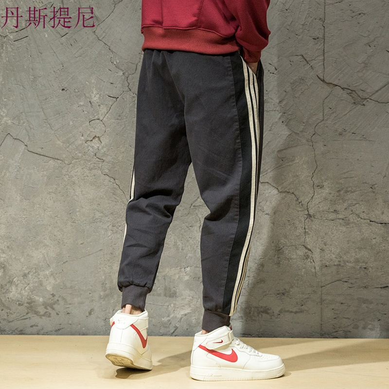 日系街头休闲裤男嘻哈条纹运动卫裤潮流青少年宽松大码束脚哈伦裤
