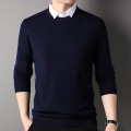 鄂尔多市纯山羊绒衫男衬衫领假两件套春秋薄毛衣男打底衫100%羊绒衫男t恤中年初秋爸爸装薄款衬衫领男士单穿衬衣 6172圆领藏青 190/104