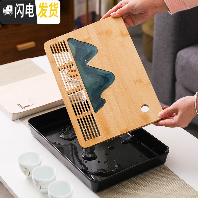 三维工匠功夫竹茶盘托盘沥水日式干泡茶盘家用简易长方形储水密胺小型茶台 福字全竹干盘茶盘*34茶具高清大图