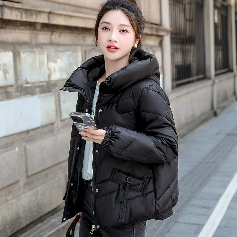 冬季羽绒棉棉衣女保暖棉服外套2024新款时尚休闲纯色连帽短款上衣高清大图