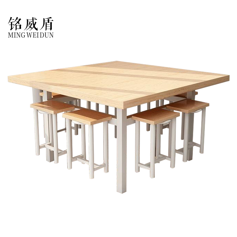 铭威盾餐桌学校食堂小吃店快餐桌椅饭堂橡木色方桌1200*1200*750含椅