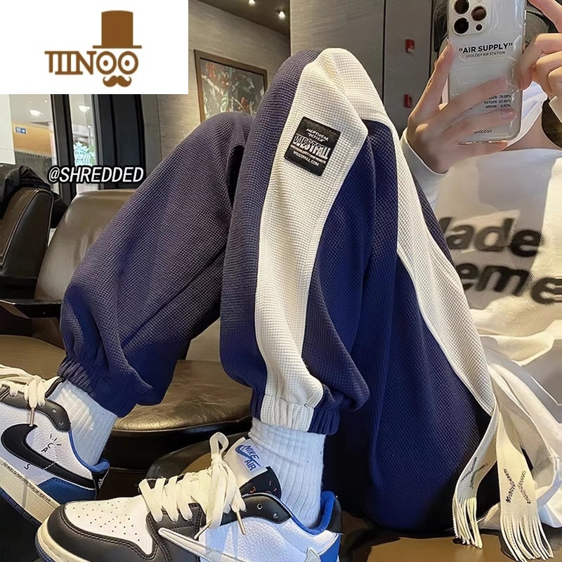 YANXU拼色华夫格裤子男宽松大码潮牌ins港风青少年束脚子脚X束高清大图