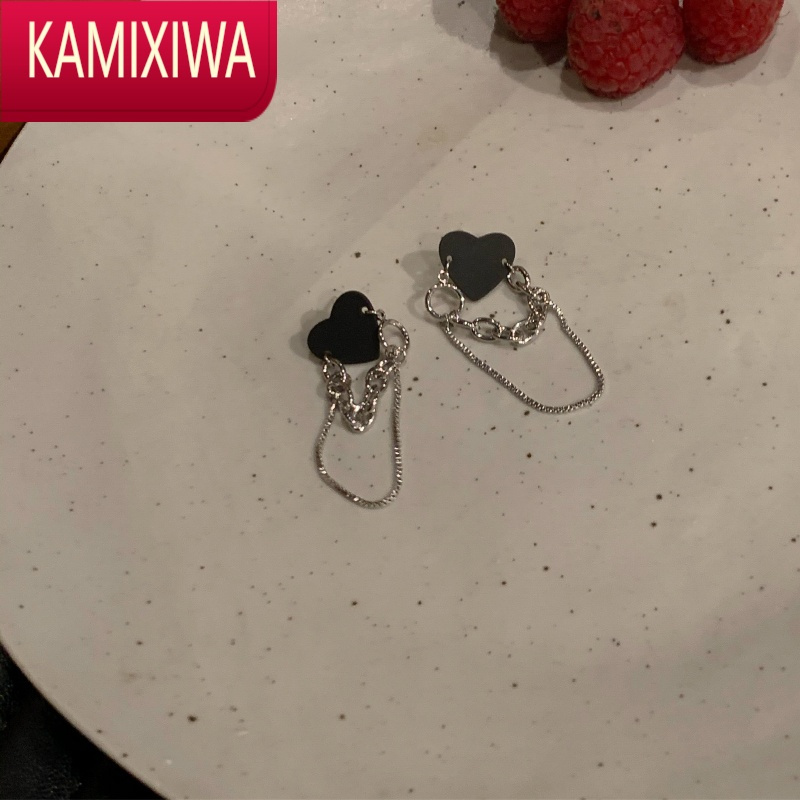 KAMIXIWA黑色爱心链条拼接耳钉女小众设计感高级甜酷辣妹耳环个性百搭耳饰
