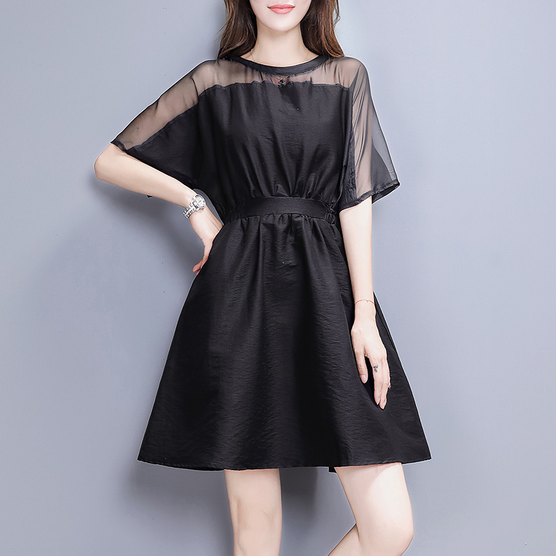 气质麻棉连衣裙女士夏款女装新品韩版白色雪纺拼接收腰显瘦a字裙