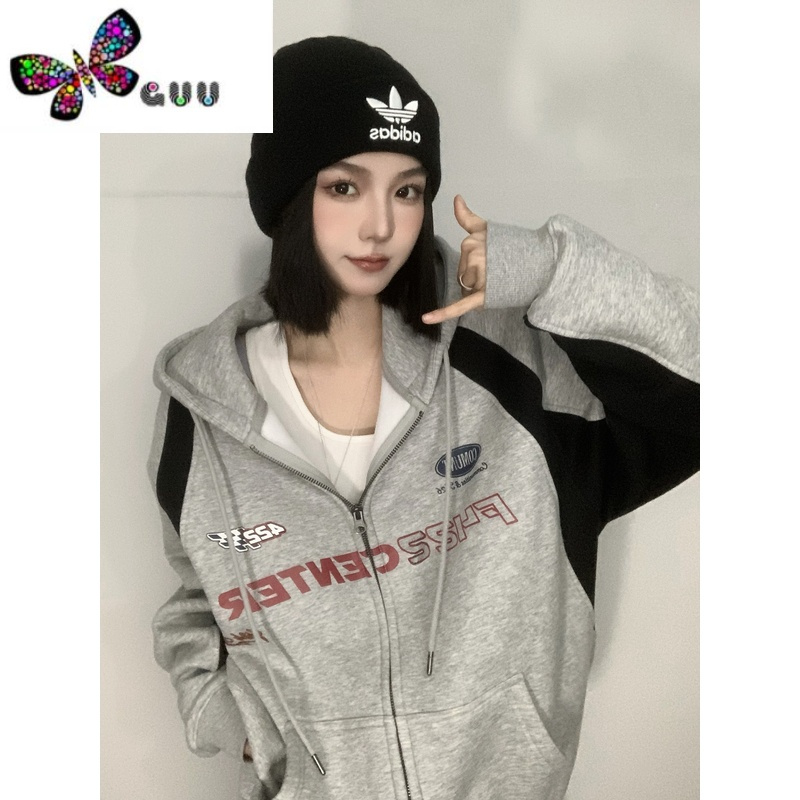语娄国潮美式开衫卫衣外套女2023新款宽松长袖oversize撞色插肩袖上衣