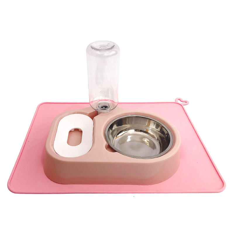 猫碗不锈钢狗碗双碗不湿嘴自动饮水器两用猫宠物粮狗食盆猫咪用品 粉红色+防漏餐垫粉红色 适合猫/小型犬