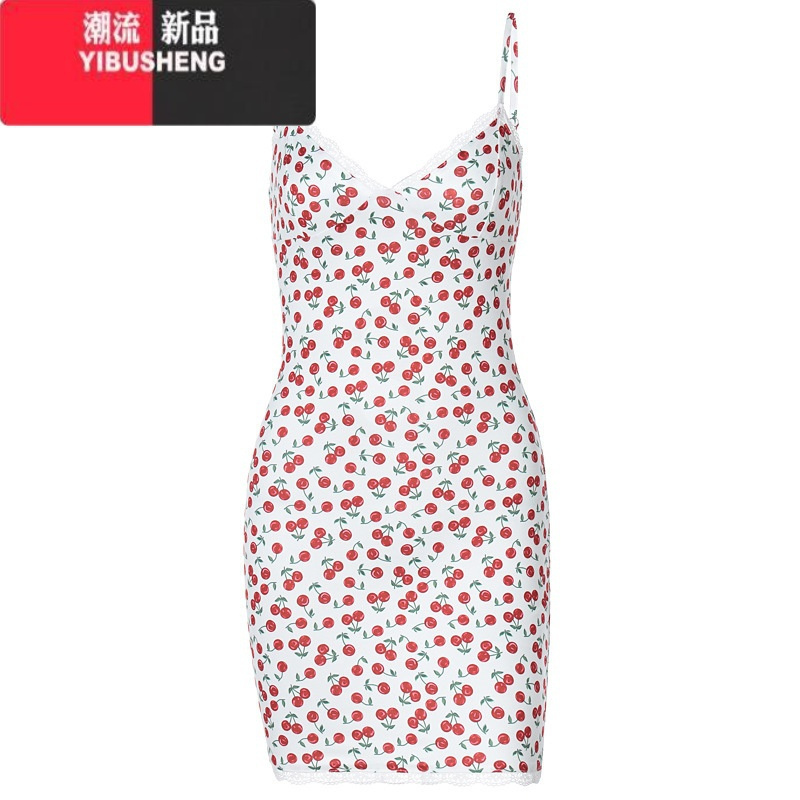 YIBUSHENG[白月光]可爱辣妹风樱桃印花吊带连衣裙2024春季新款修身包臀裙