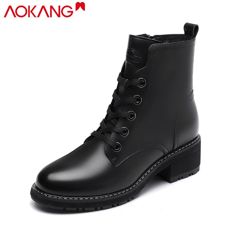 奥康女靴秋冬休闲马丁靴英伦牛皮加绒保暖高帮短靴女士皮靴图片