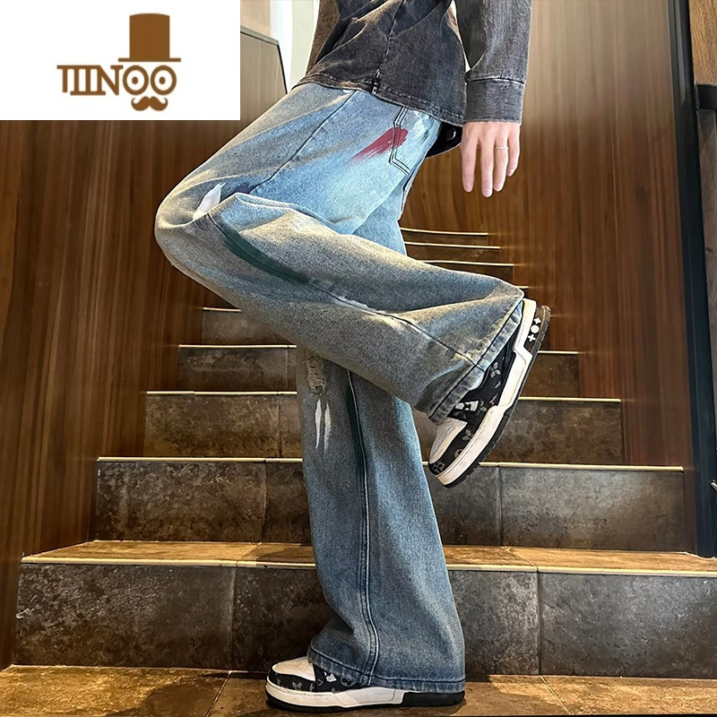 YANXU牛仔裤男秋季美式高街痞帅水洗做旧阔腿裤子潮牌宽松直筒休闲长高高清大图