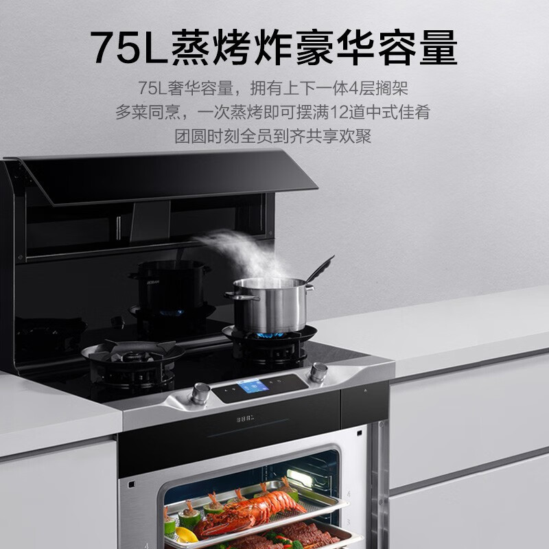 老板(Robam)9ZC15高性能集成灶 升级旋转烤 创新智能彩屏 家用75L大容量蒸烤炸一体式 75L彩屏旋转烤天然气