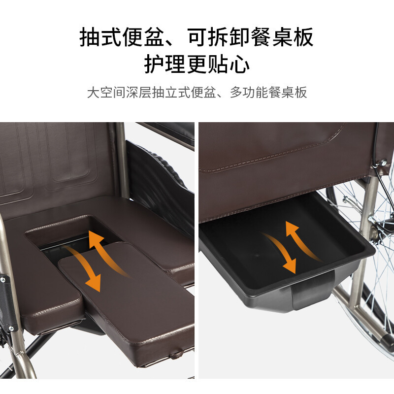 鱼跃轮椅车 H058B高端护理型 全钢管加固软座带座便老人可折叠坐便高清大图