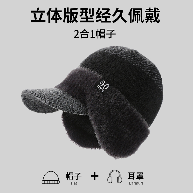 恒源祥帽子男士冬天老年人骑车防风护耳羊毛帽保暖防寒毛线针冬保高清大图