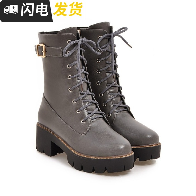 韩系ins百搭皮带扣中跟女鞋子秋冬系带红马丁靴大码通勤中筒靴启如休闲鞋休闲鞋