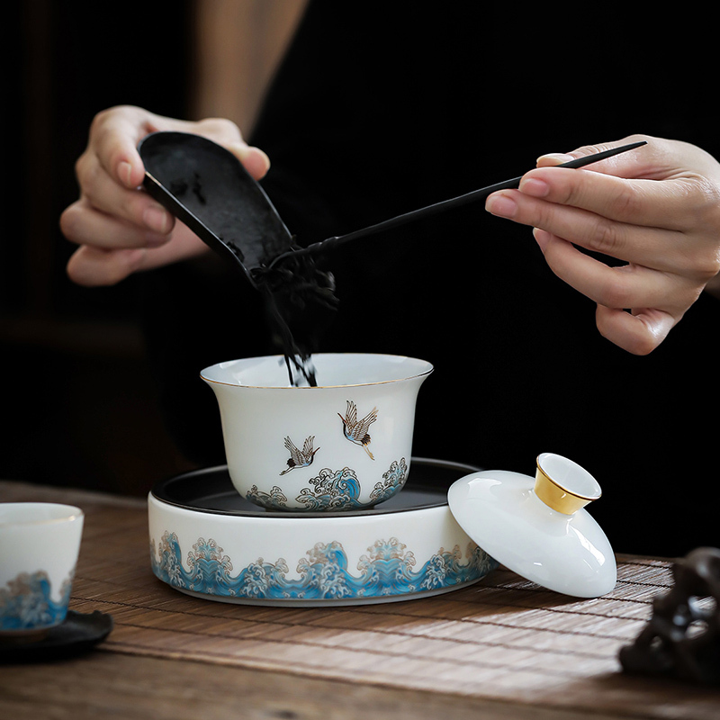 領藝 祥鹤观海轻云盖碗茶杯大号单个陶瓷功夫茶具三才茶碗带壶承 祥鹤观海轻云微月盖碗