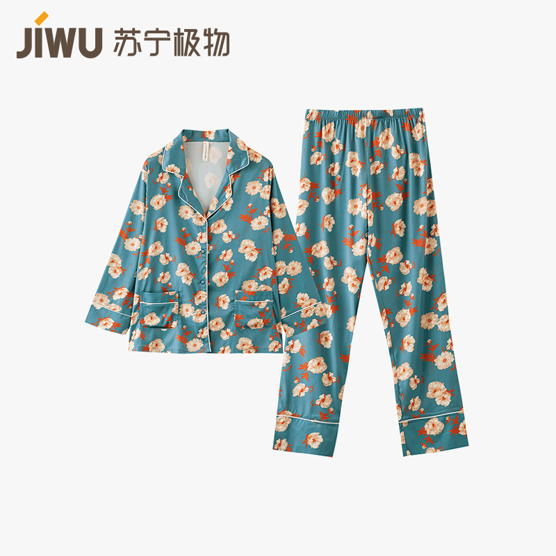 苏宁极物 芬腾时尚印花宽松仿丝哑光棉长袖睡衣女士家居服