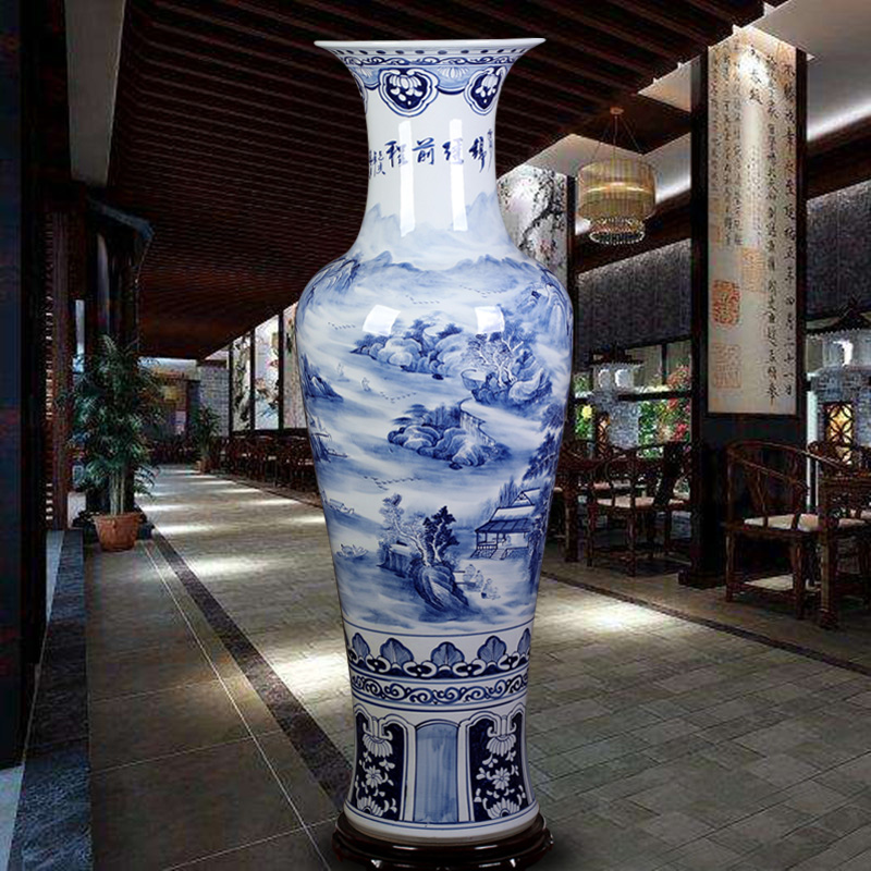 景德镇陶瓷大花瓶手绘青花山水开业乔迁新房客厅酒店落地装饰摆件 三维工匠 青花山水1米高清大图