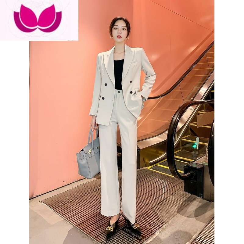 七斓高级感西装套装女2023年春装新款高端英伦风时尚气质休闲职业西服 L现货116-130斤 米白色夏季薄款上衣+裤子