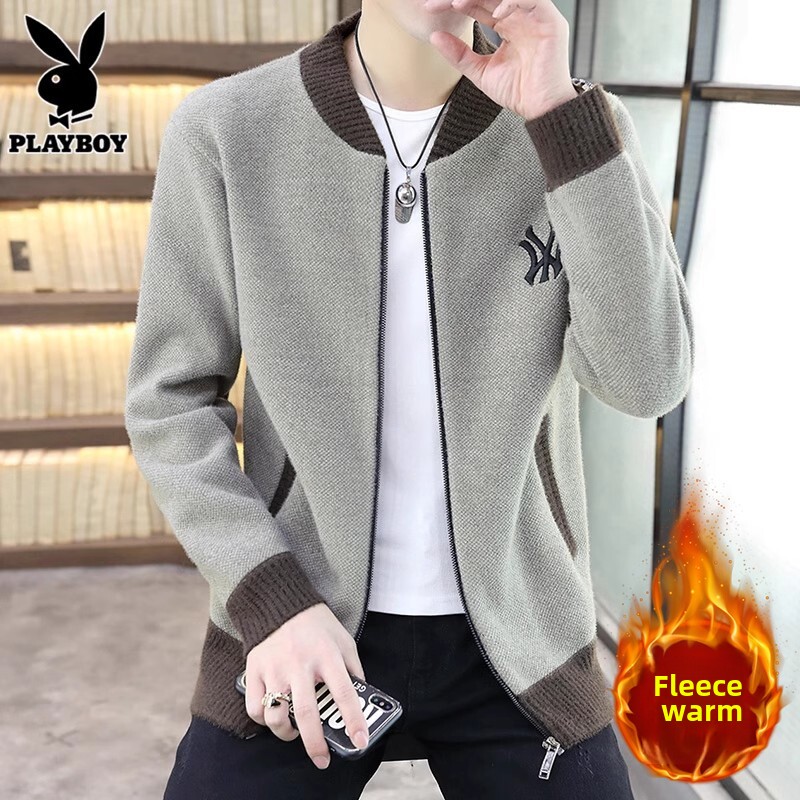 花花公子开衫毛衣男士秋冬季新款潮牌针织衫外套一体绒线衣夹克男
