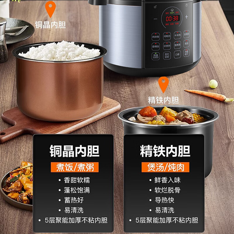 苏泊尔(SUPOR)电压力锅5升大容量家用电高压锅双胆高压电饭锅煮饭多功能电饭煲智能预约开盖收汁大功率 精铁铜晶内胆【S