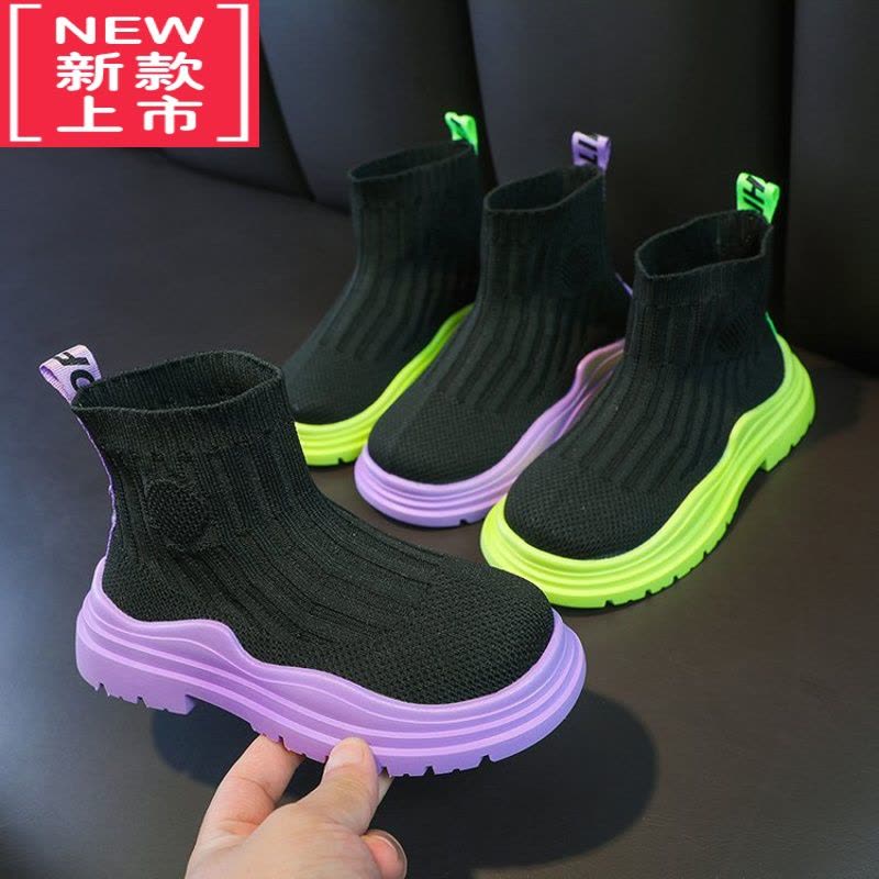 可莉允女童鞋春秋款2022新款儿童袜子鞋高帮鞋弹力男童靴冬季透气运动鞋靴子图片