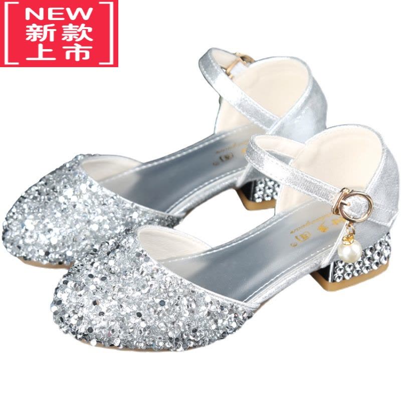 可莉允女童皮鞋儿童水晶公主鞋银色女孩走秀钢琴晚礼服高跟鞋舞台演出鞋运动休闲鞋图片