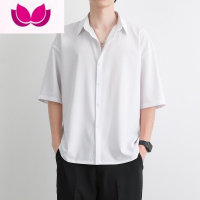 七斓衬衫男夏季宽松薄款冰丝短袖白色五分袖衬衣男士痞帅黑色半袖上衣 XL 白色