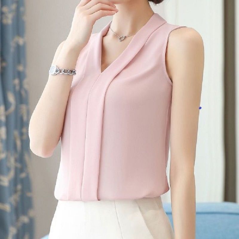 妍鸢2020夏季新款雪纺衫女无袖雪纺衬衣背心女宽松显瘦纯色打底衫女装