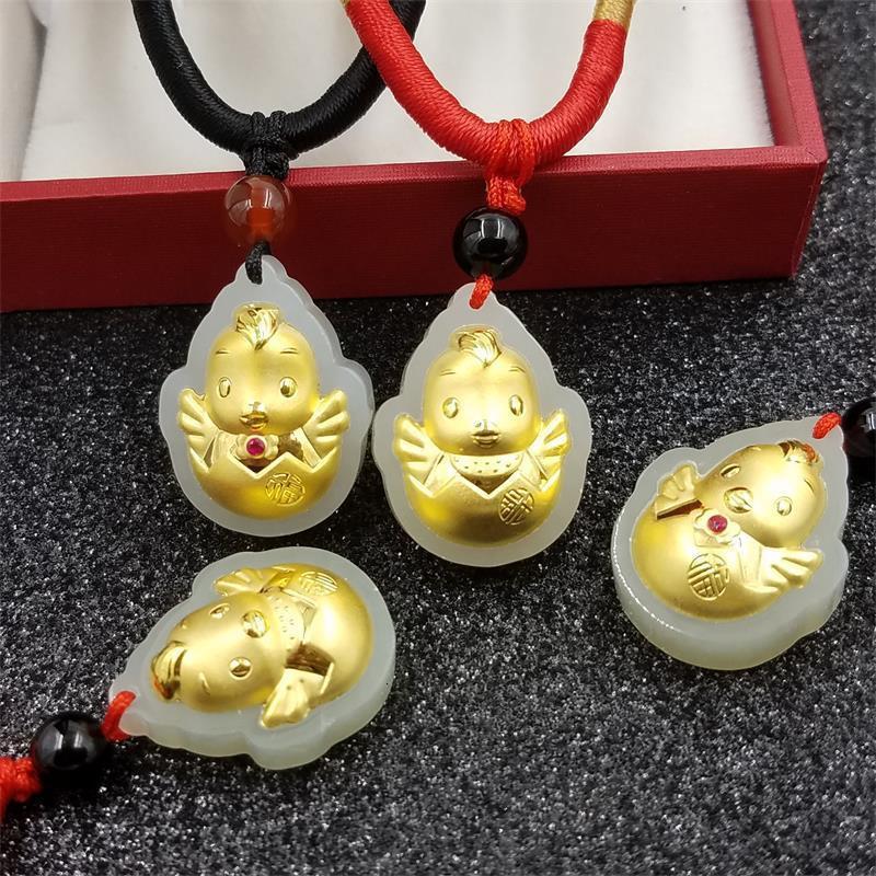 金镶玉金鸡坠和田玉镶3D黄金十二生肖鸡年礼品挂饰PTJWX9906送女朋友七夕情人节礼物